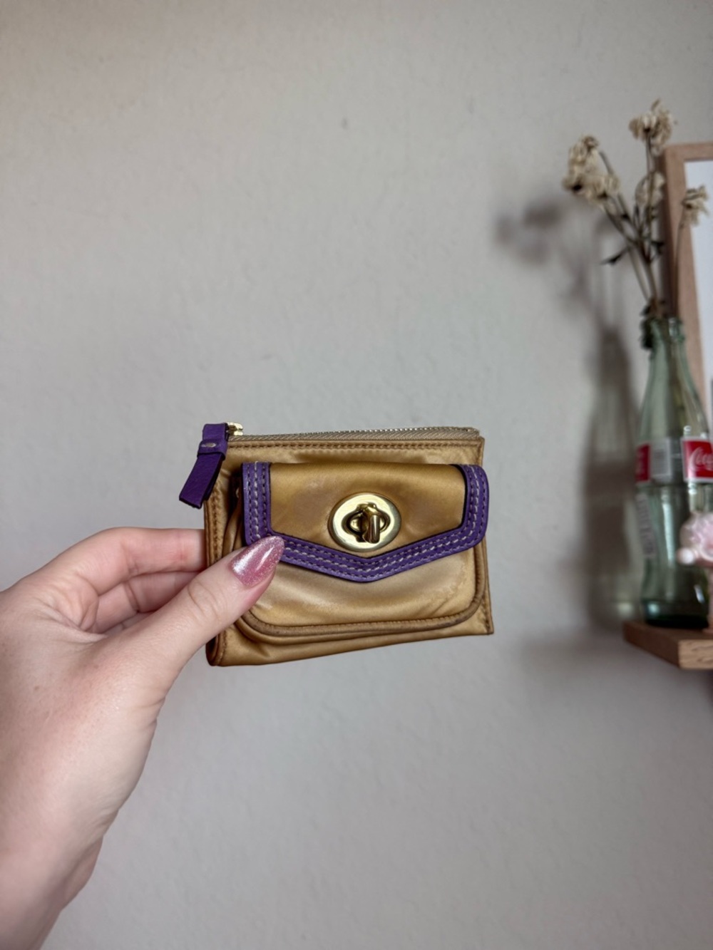 Coach Y2K Gold and Purple Compact Leather Wallet - Turn-Lock Closure
